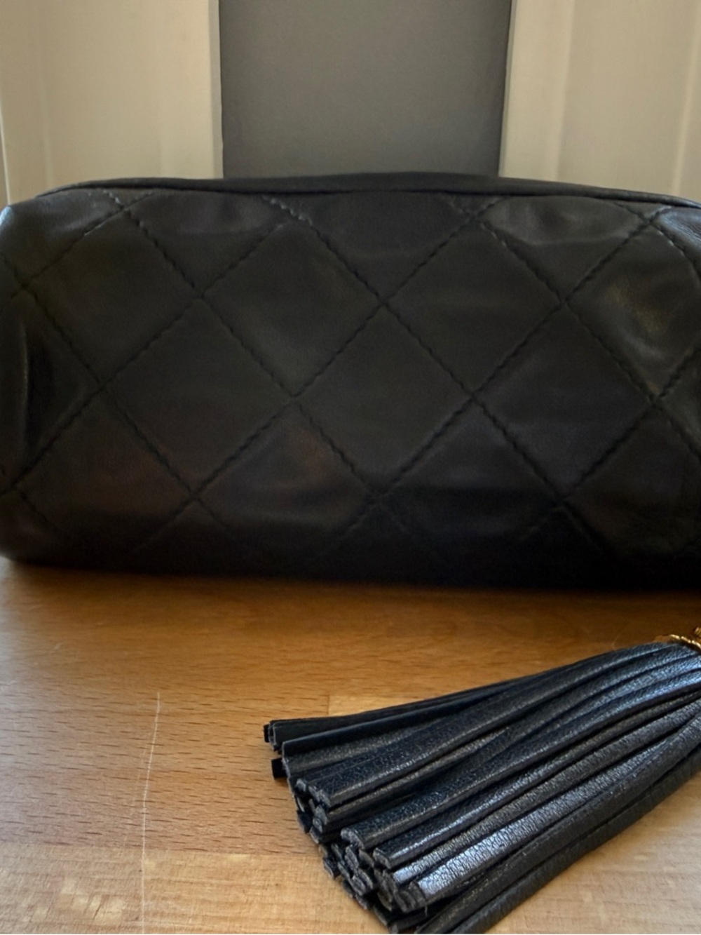 Authentic Vintage Chanel Quilted Black Lambskin Barrel Bag – Tassel & Gold Chain - Picture 2 of 9